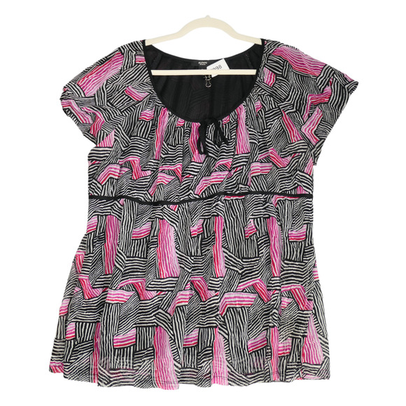 Alfani Baby Doll Blouse Women 2X Pink Black Empire Waist Mesh Lined Short Sleeve - Picture 1 of 12